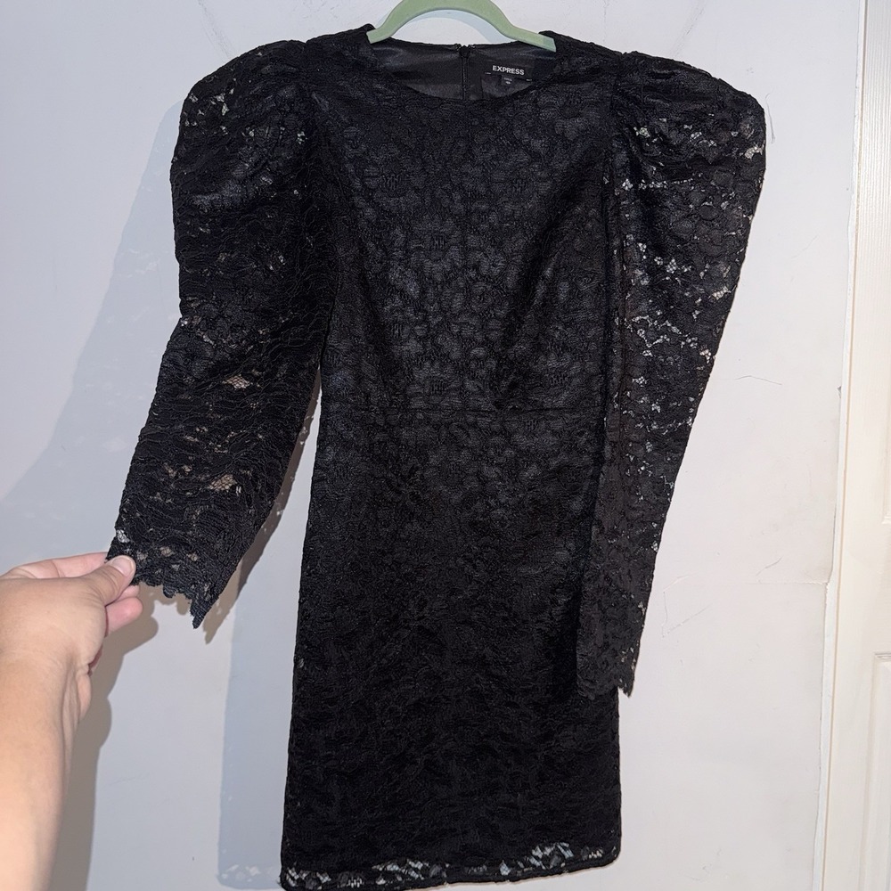 Express XS Black Lace Puff Shoulders Sheath Dress Whimsigoth Dark Fairy LBD